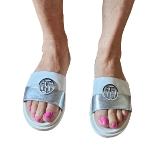 Tommy Hilfiger White/Silver Slides - Picture 1 of 10